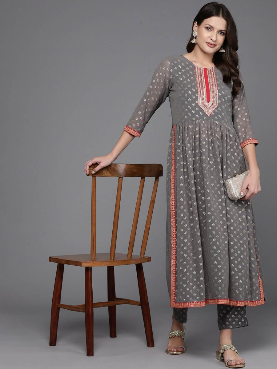 Ahalyaa Women Ethnic Motifs Printed Pleated Sequinned Kurta with Trousers - Grey Color