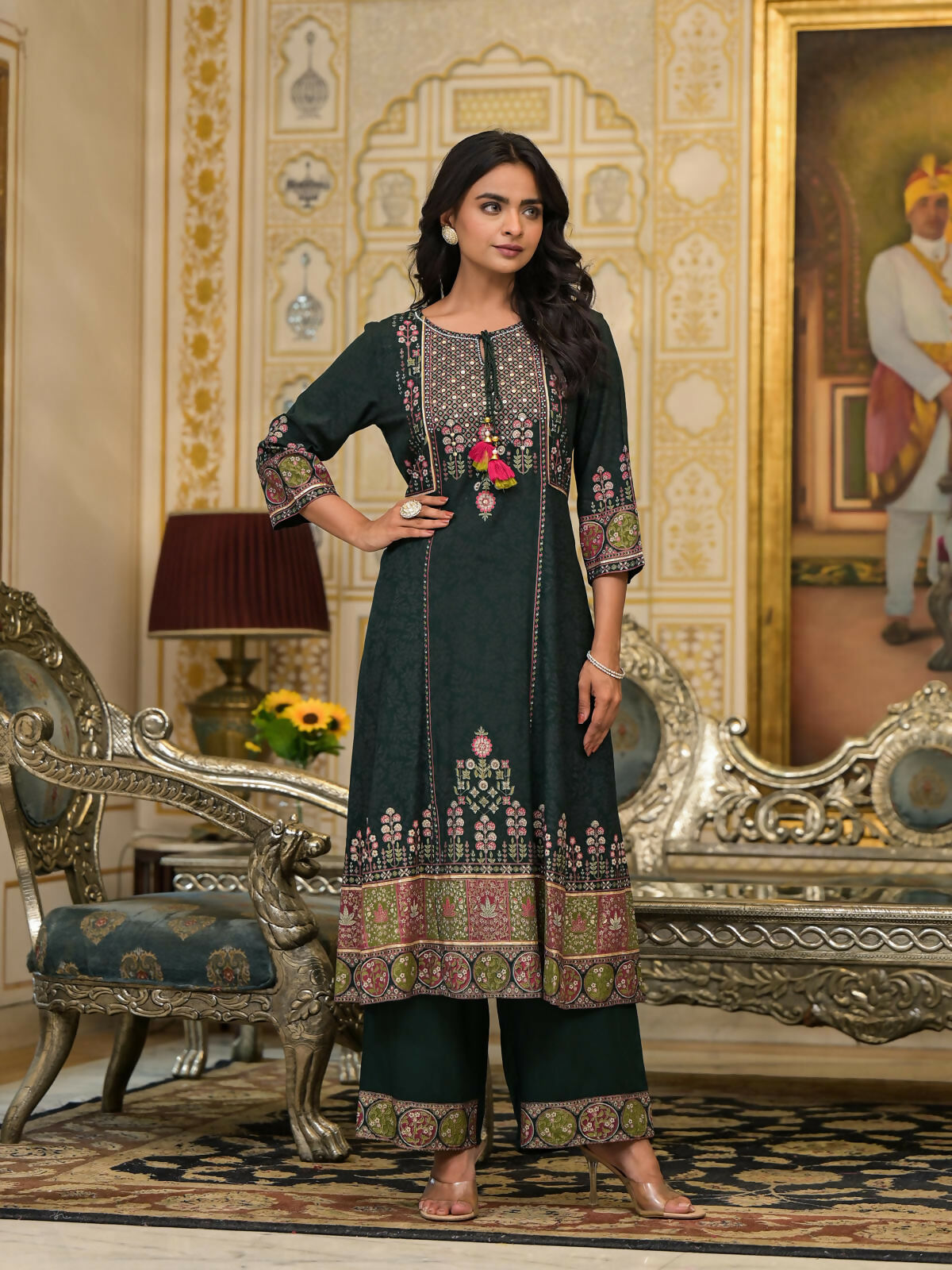Juniper Women's Green Floral Printed Rayon Kurta Pant With Dupatta Set With Thread Work & Tassels