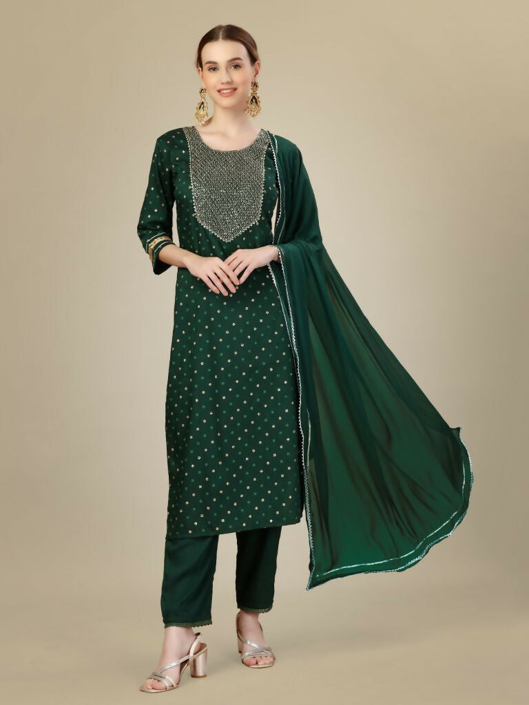Jyoti Fashion Women's Dark Green Silk Blend Embroidery & Sequence work Kurta with Trouser & Dupatta