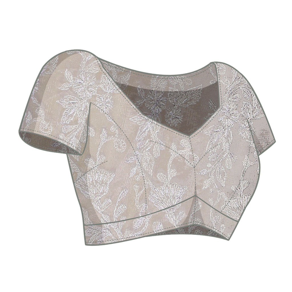 Grey Glass Tissue,Net Embroidered Saree With Stitched Blouse - Nimaya Kaksha