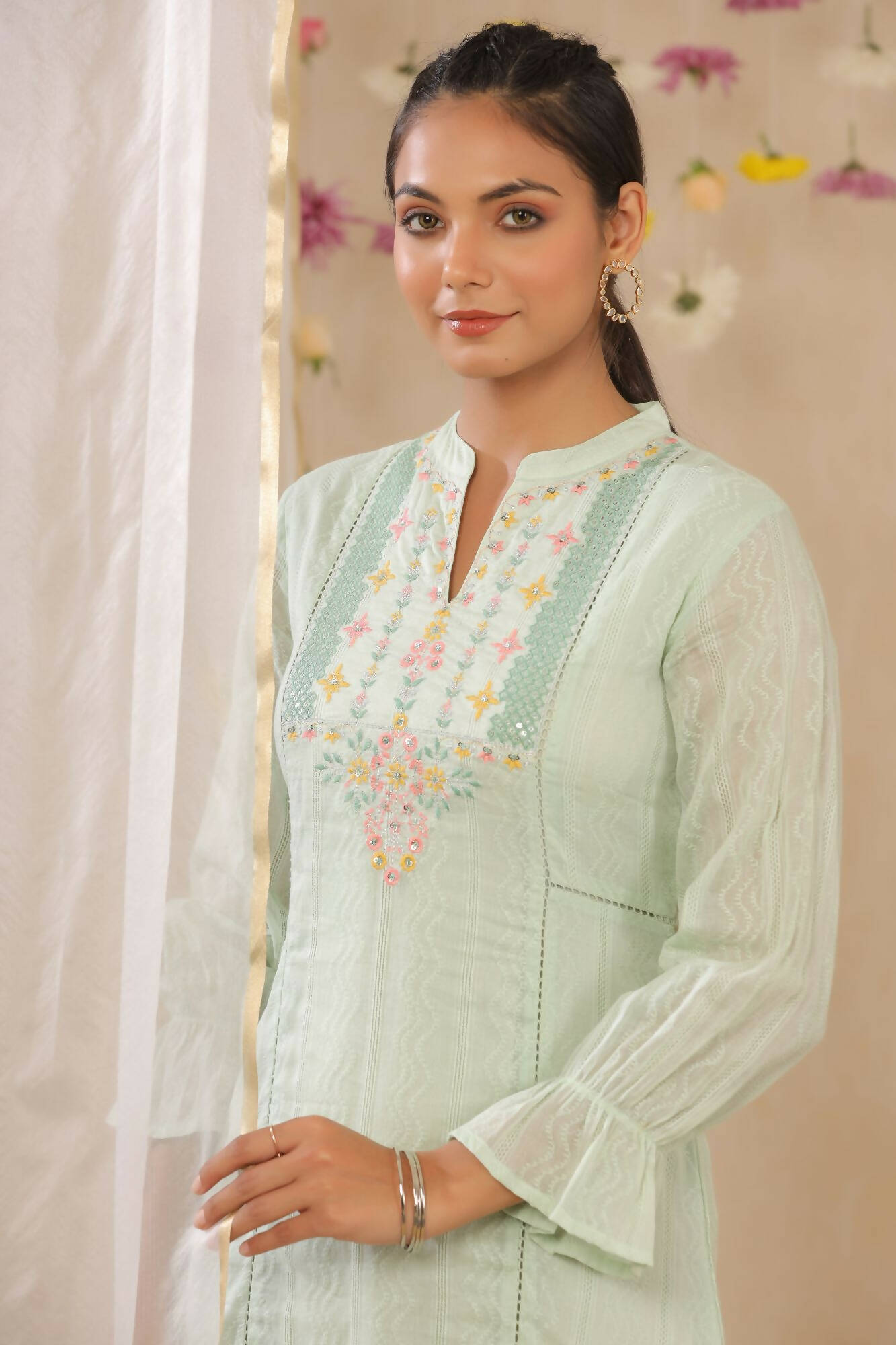 Juniper Women Sagegreen Cotton Dobby Woven Design A-Line Dress