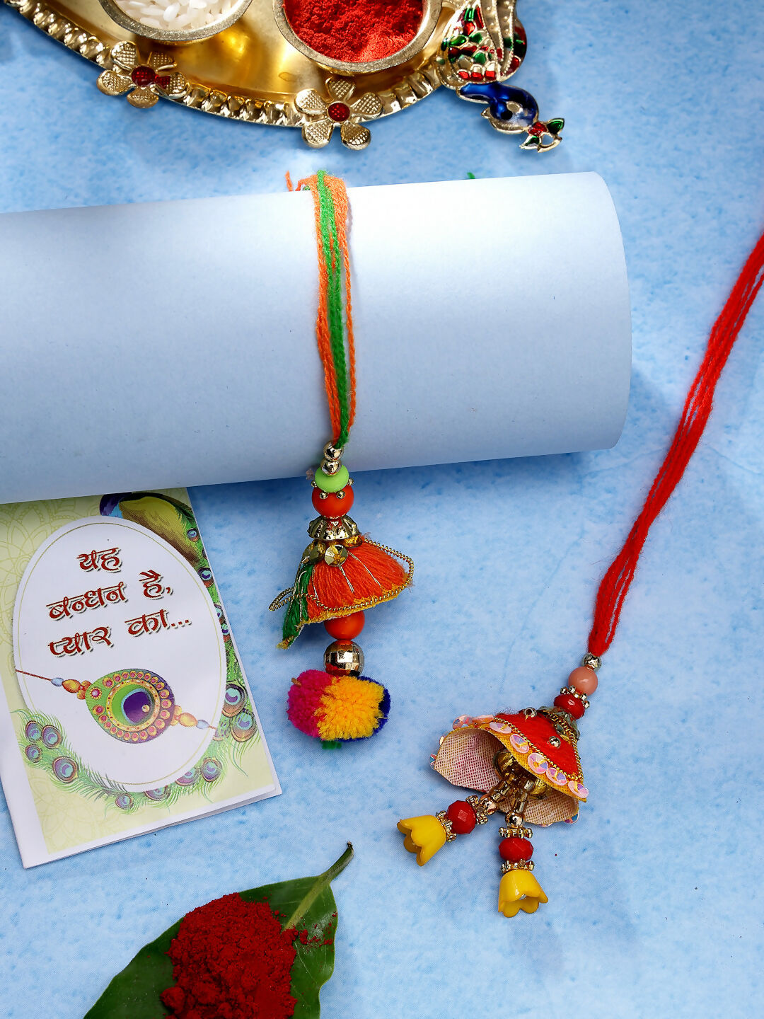 NVR Women Set of 2 Red Beaded Lumba Rakhi With Roli Chawal & Chocolate
