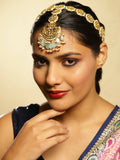 Gold-Polished White Blue Kundan-Studded Pearl Beaded Matha Patti - Ruby Raang
