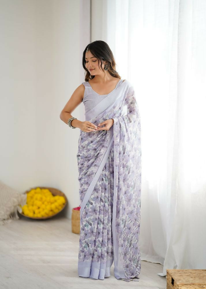 PR Fashion Light_Purple Bright Moss Satin Patta Printed Saree