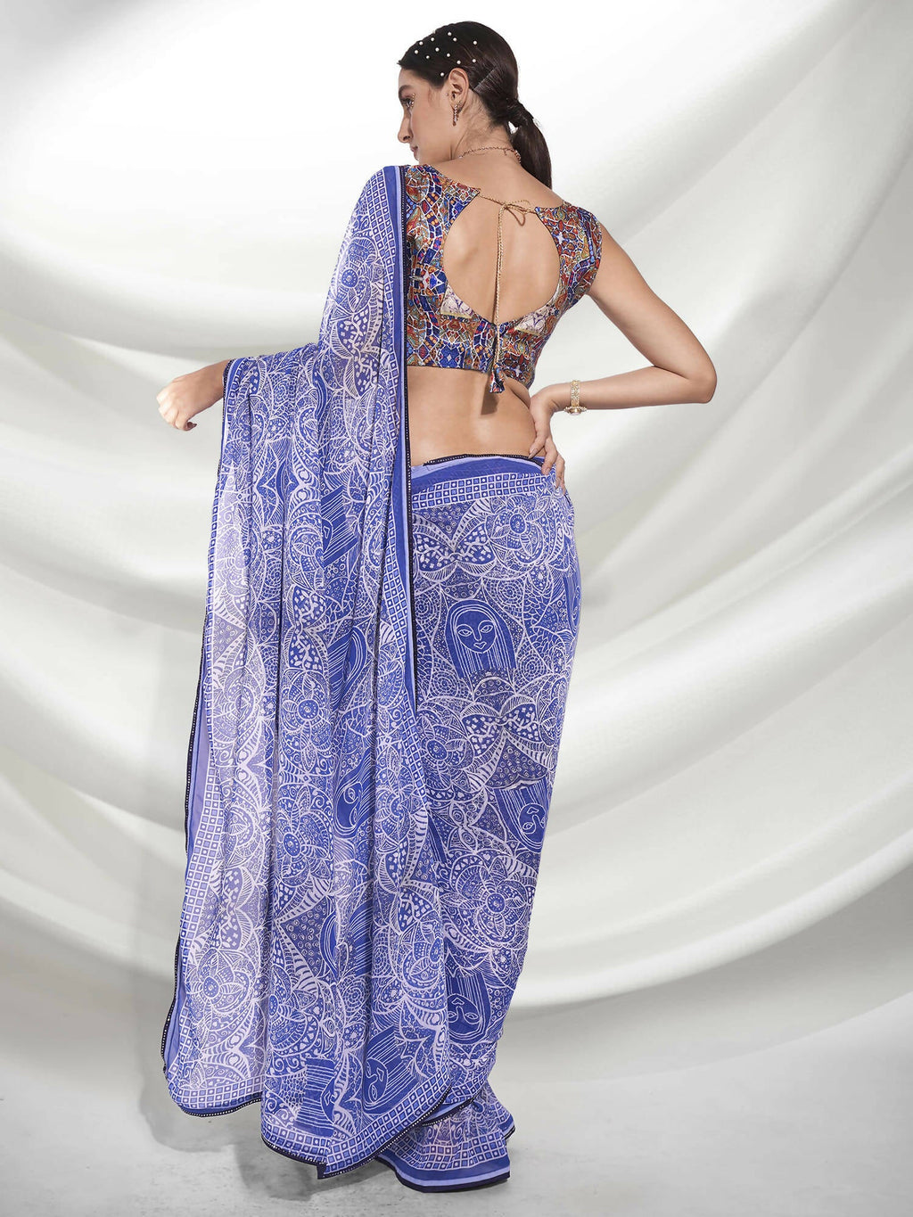 Blue Georgette Floral Printed Saree With Unstitched Blouse Piece - Rajal