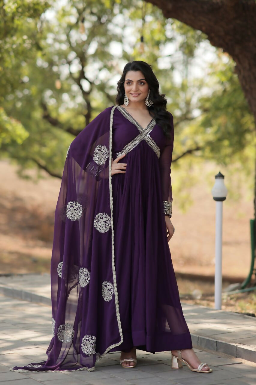 Vastranavya Faux Blooming with Embroidery Zari Sequins-work Gown with Dupatta - Purple