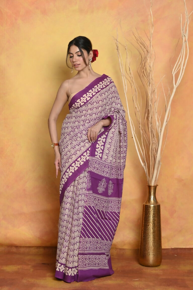 Very Much Indian Handblock Printed Cotton Saree With Natural Dyes - White