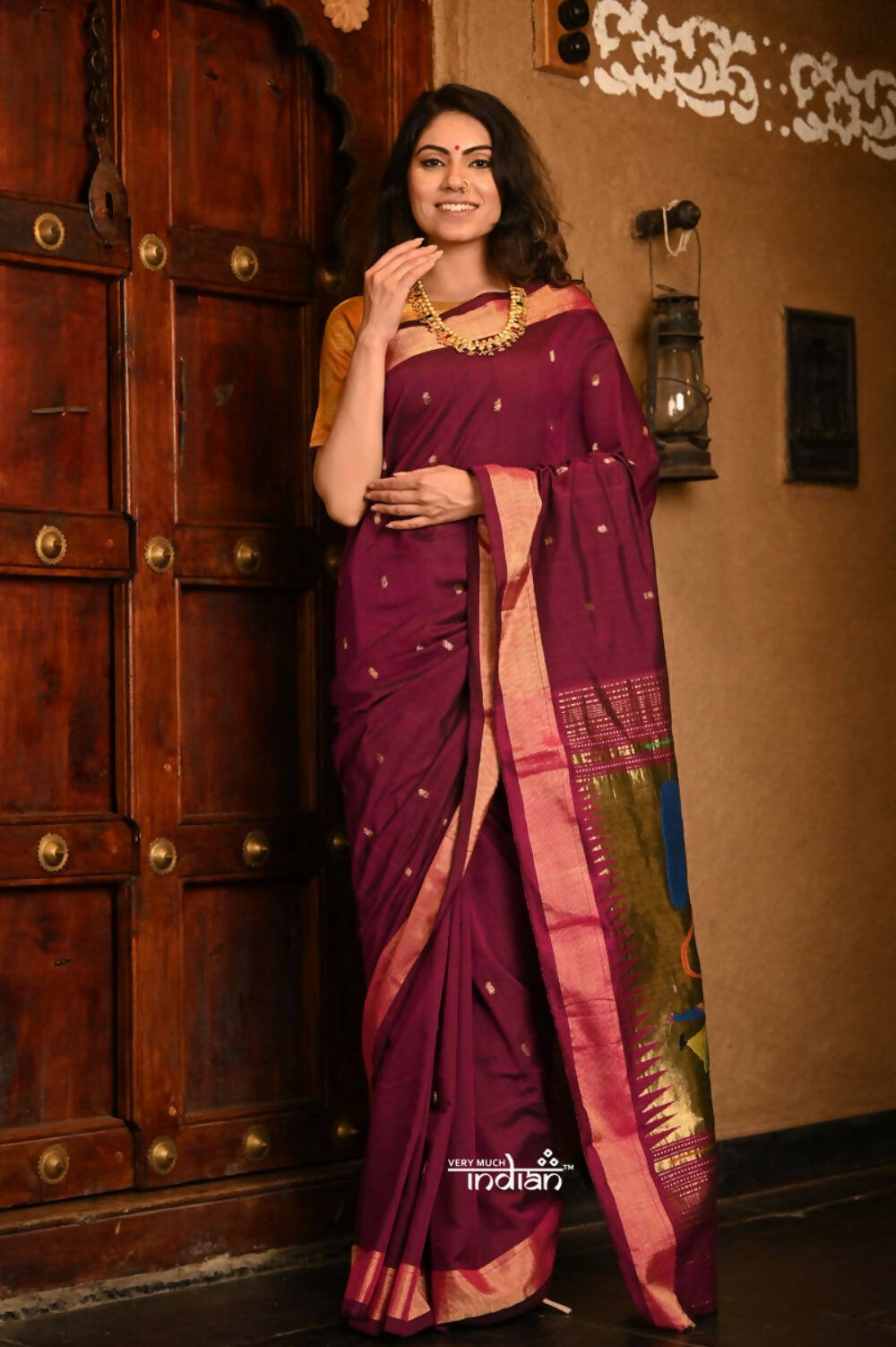 Very Much Indian Handloom Pure Cotton Paithani With Handwoven Pallu - Wine