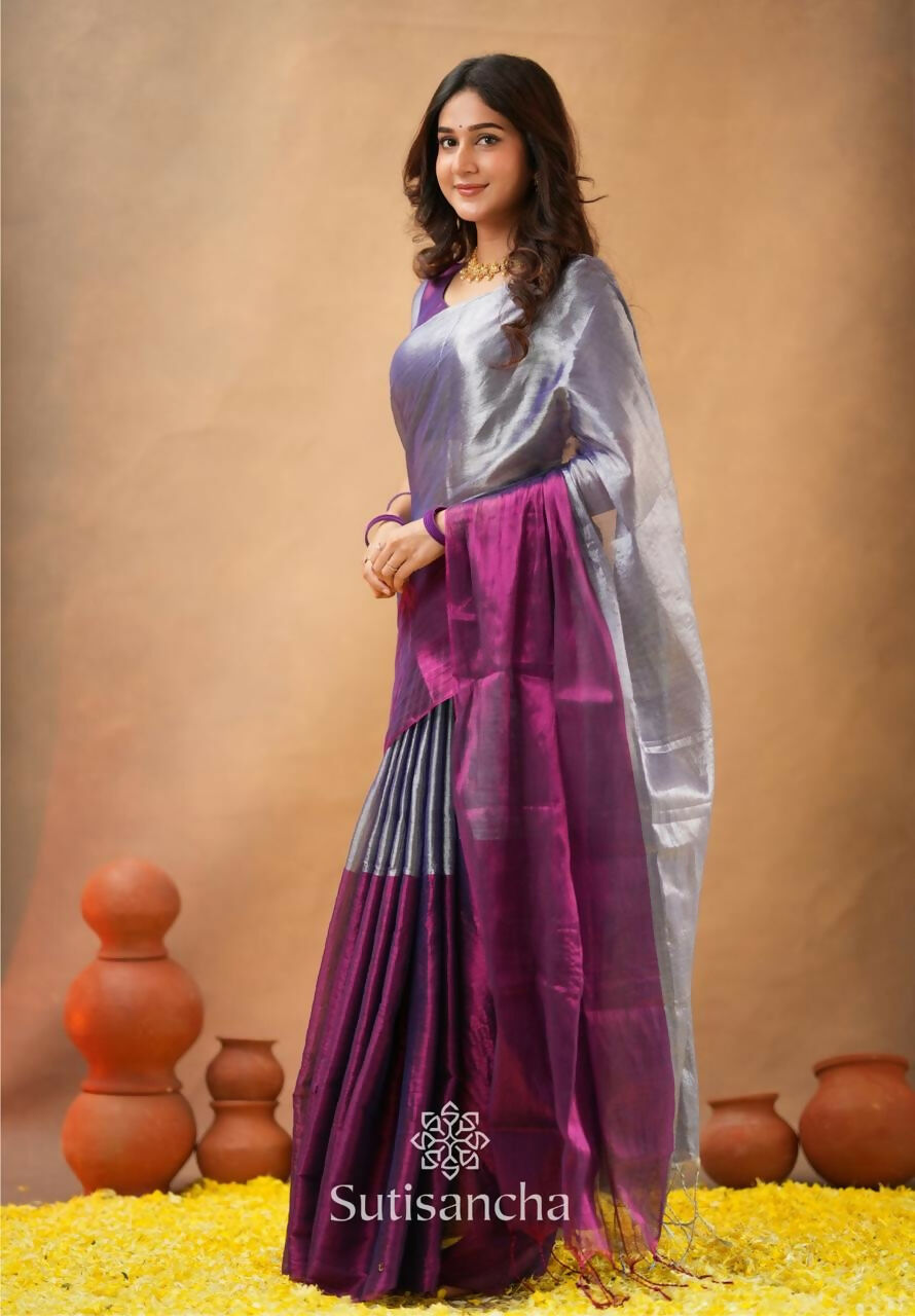 Exclusive Collection Beautiful Gray Magenta Tissue Silk Hand Weaving Handloom Saree With Running Blouse Piece