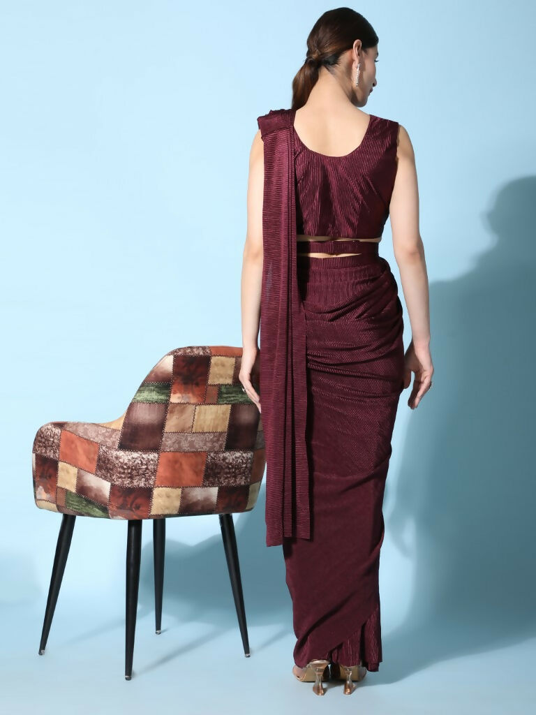 Maroon Imported Crush Lycra Texture Pattern Ready to Wear Saree with stitched Blouse - Nirvana