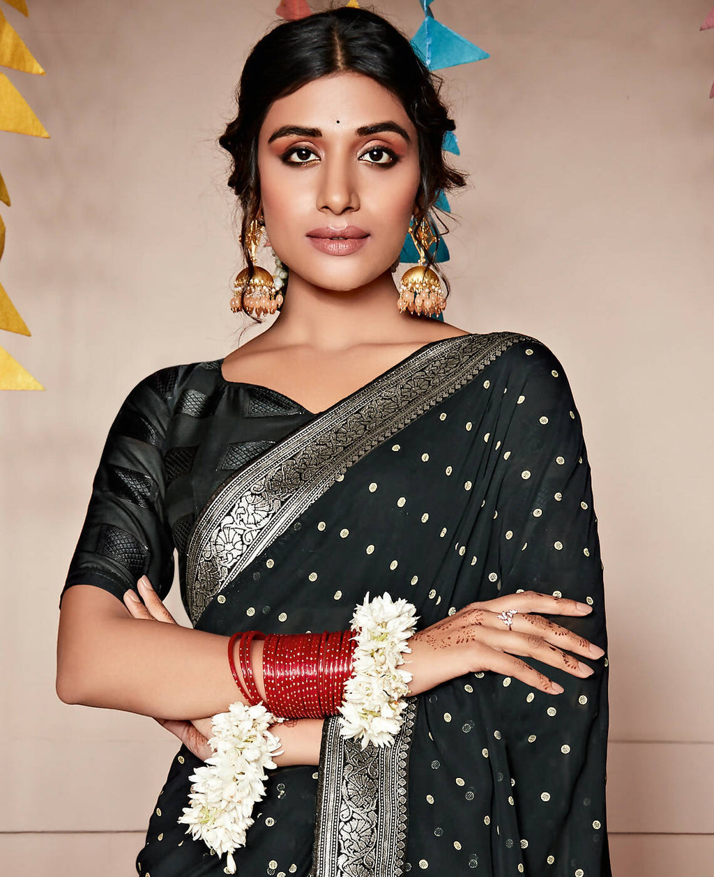 Black Georgette Foil Printed Saree With Unstitched Blouse Piece - Nitya