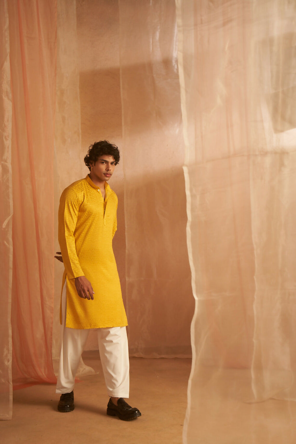 Mustard Viscose Chikankari Embroidery Work Men's Kurta Set - Mahotsav