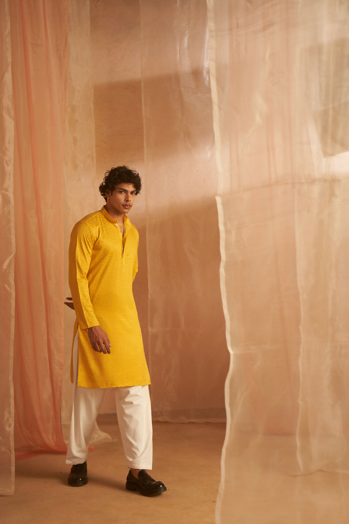 Mustard Viscose Chikankari Embroidery Work Men's Kurta Set - Mahotsav