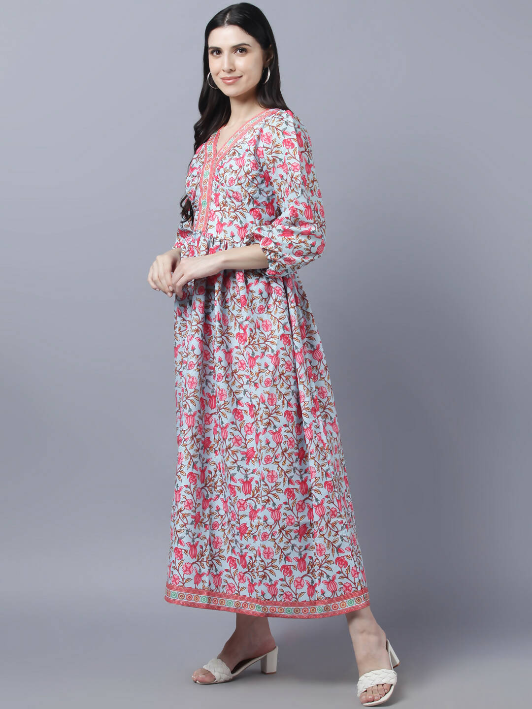 Myshka Women Red Printed Pure Cotton Maxi Dress