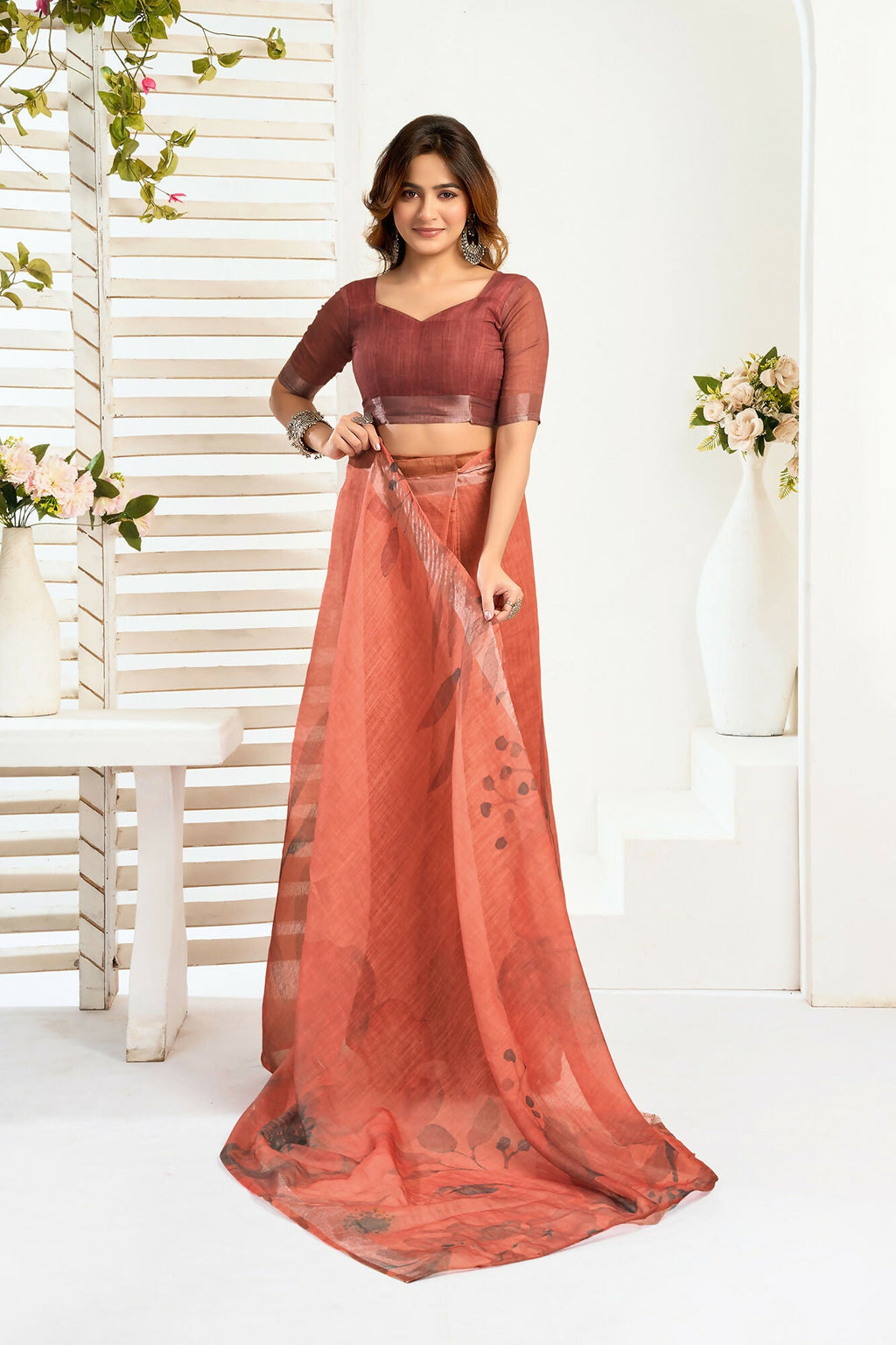 Vastranavya Brown Digital Printed Linen Ready To Wear Designer Saree with Unstitched Blouse