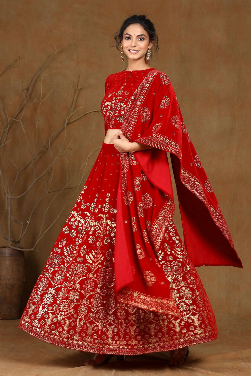 Juniper Women Maroon Velvet Printed Flared Lehenga Choli Sets