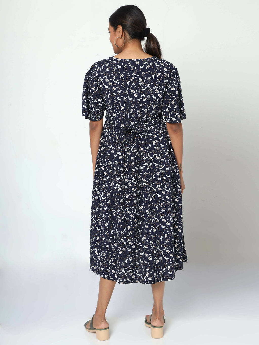 Manet Frill Slevees Maternity Dress Floral Print With Concealed Zipper Nursing Access - Navy