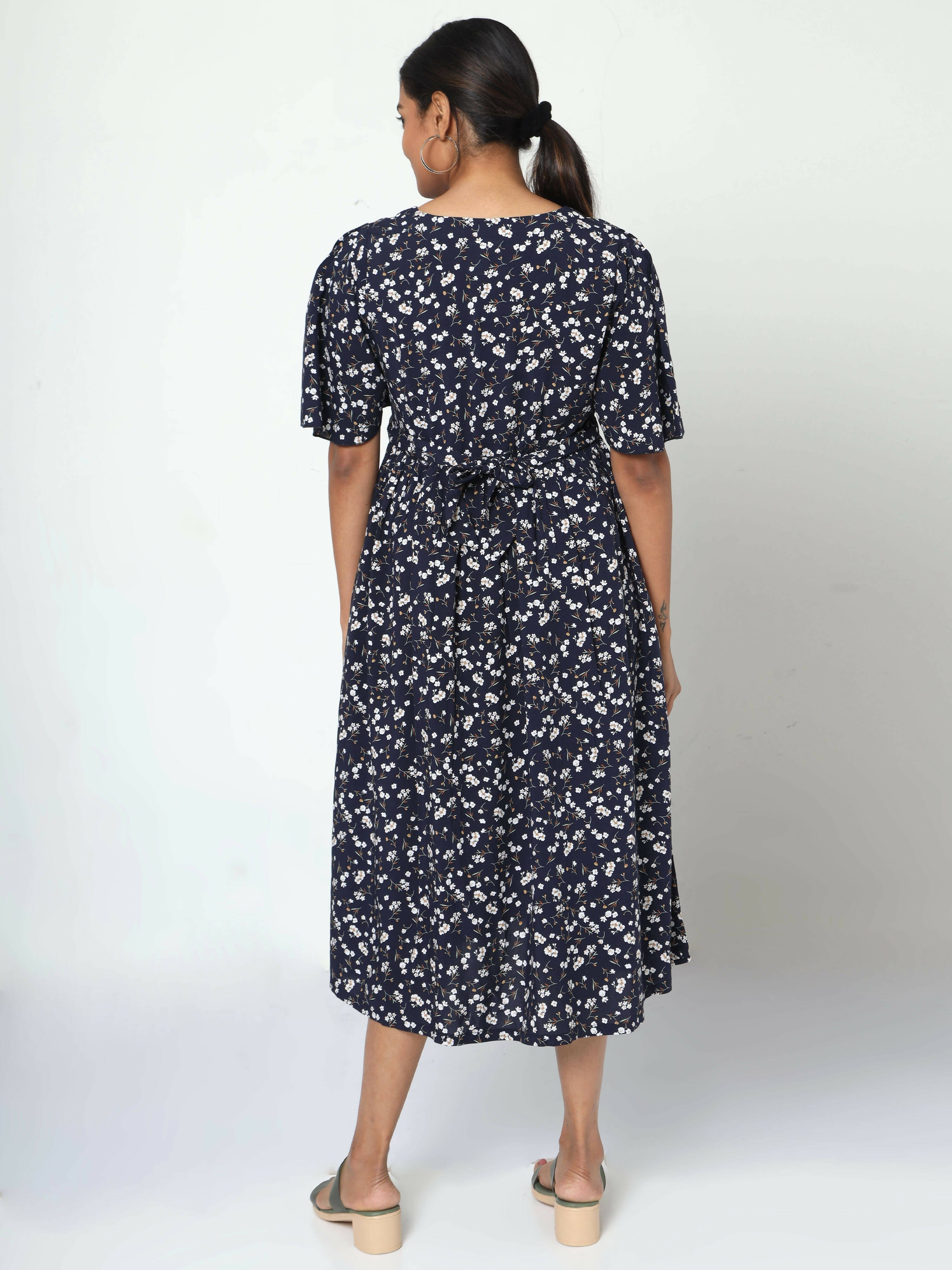 Manet Frill Slevees Maternity Dress Floral Print With Concealed Zipper Nursing Access - Navy