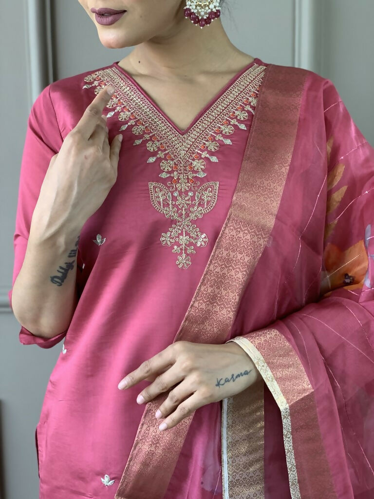 Light Pink Viscose chanderi Stitched Suit With Dupatta - Tanisha