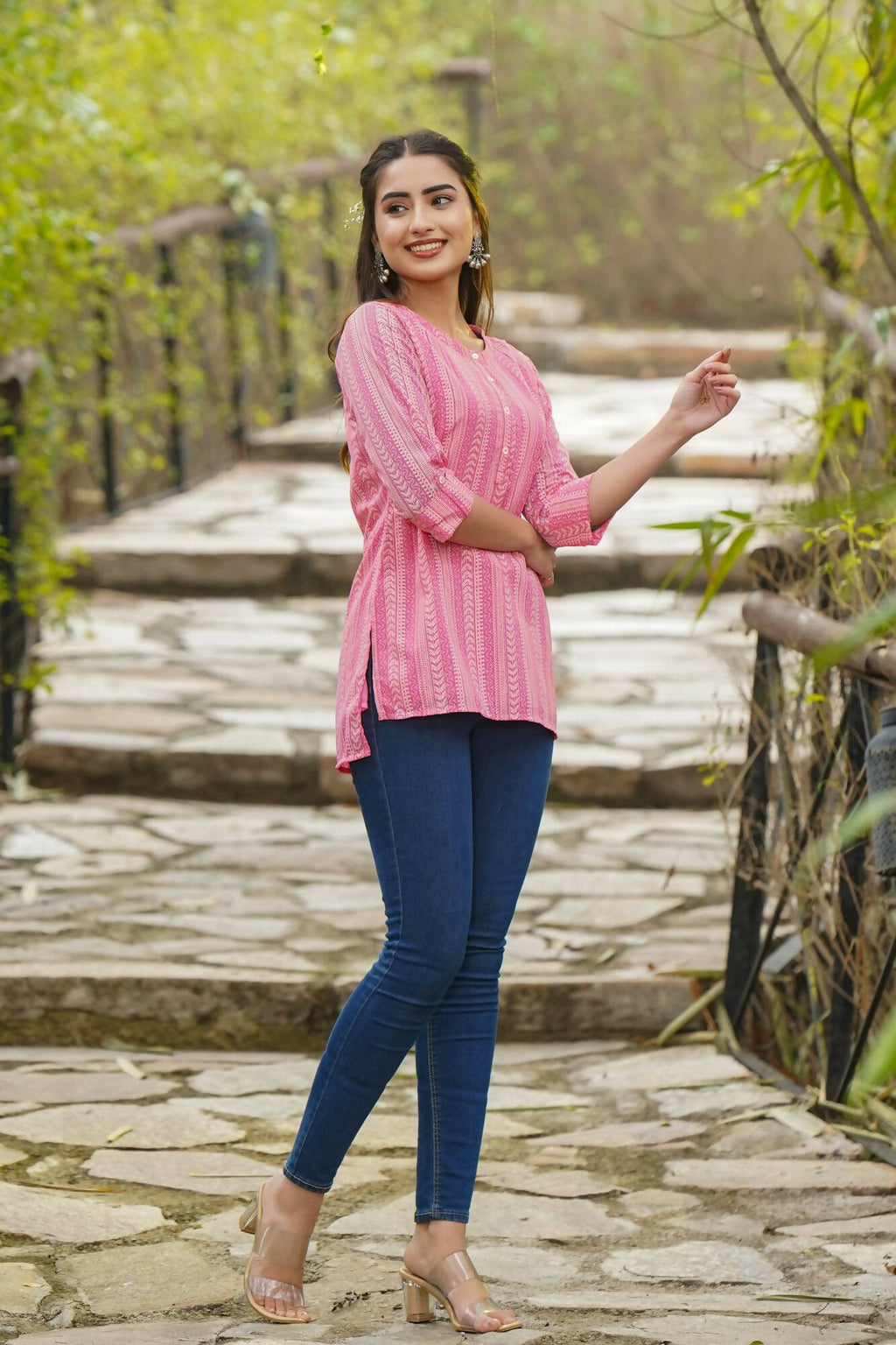 Juniper Women Pink Georgette Printed High-Low Tunic