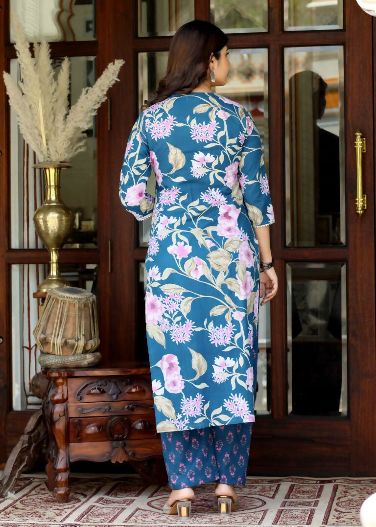 Miravan Women's Floral Block Printed Angrakha Kurta With Floral Palazzo