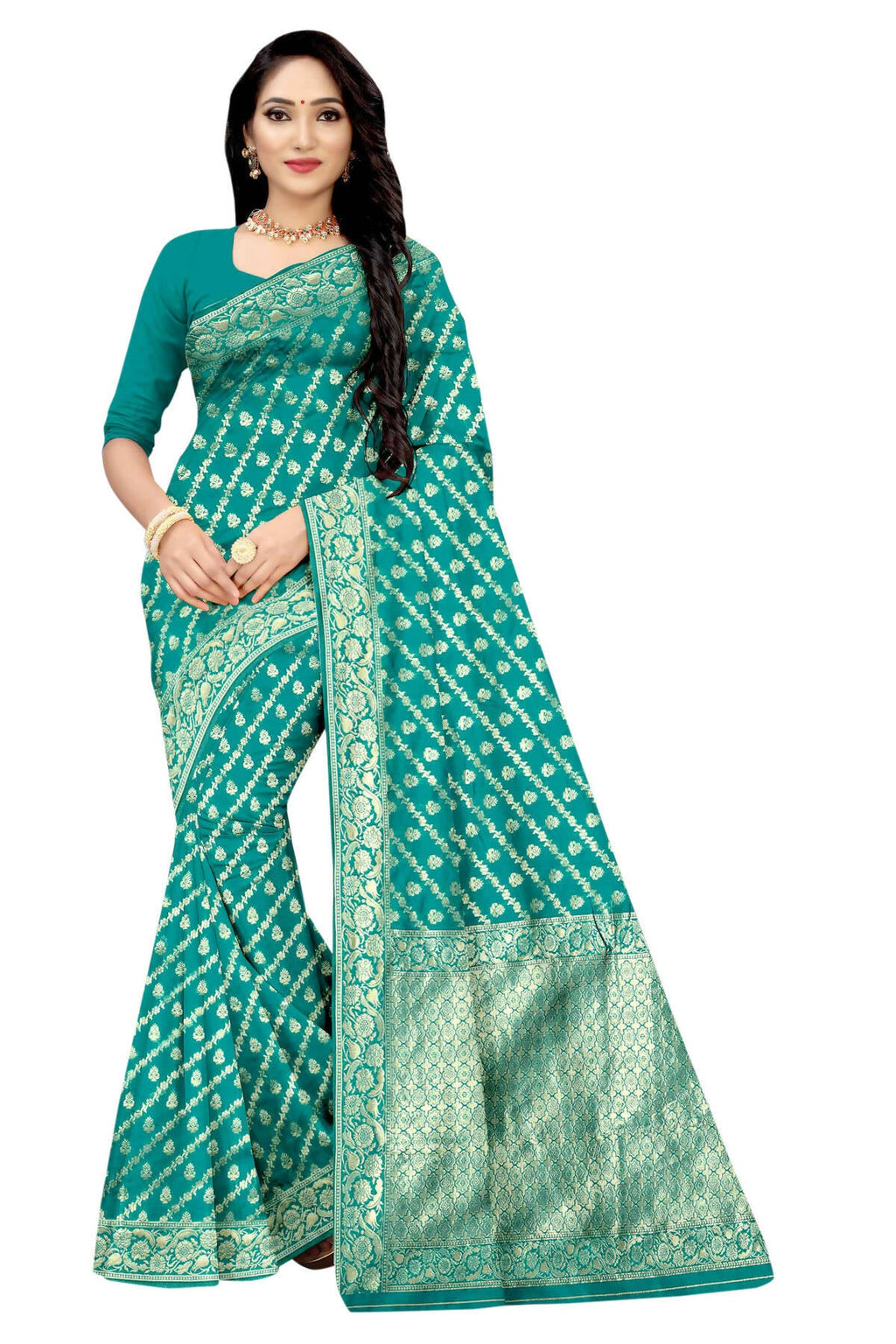Vamika Weaving Banarasi Jacquard Rama Green Saree