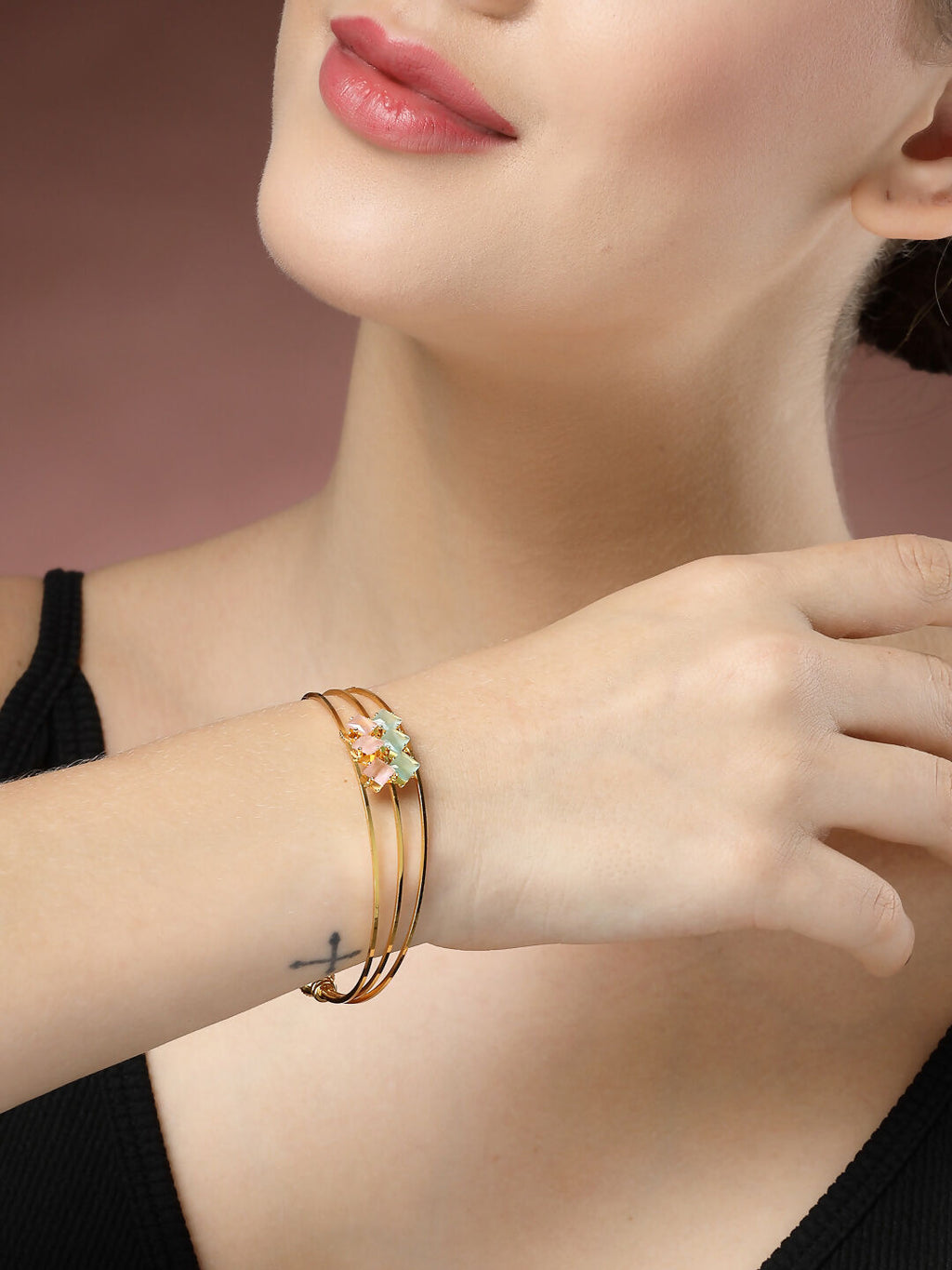 NVR Women's Gold-Polished CZ Stone-Studded Cuff Bracelet