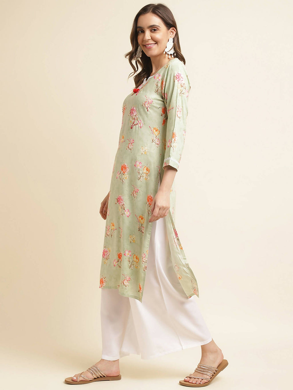 Green Poly Rayon Floral Printed Straight Kurta - Prasuti