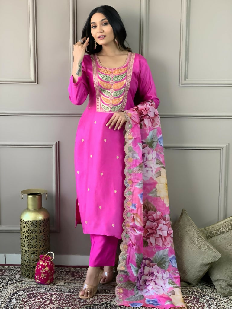 Partywear Designer Viscose Chanderi Pink Stitched Suit With Dupatta - Tanisha