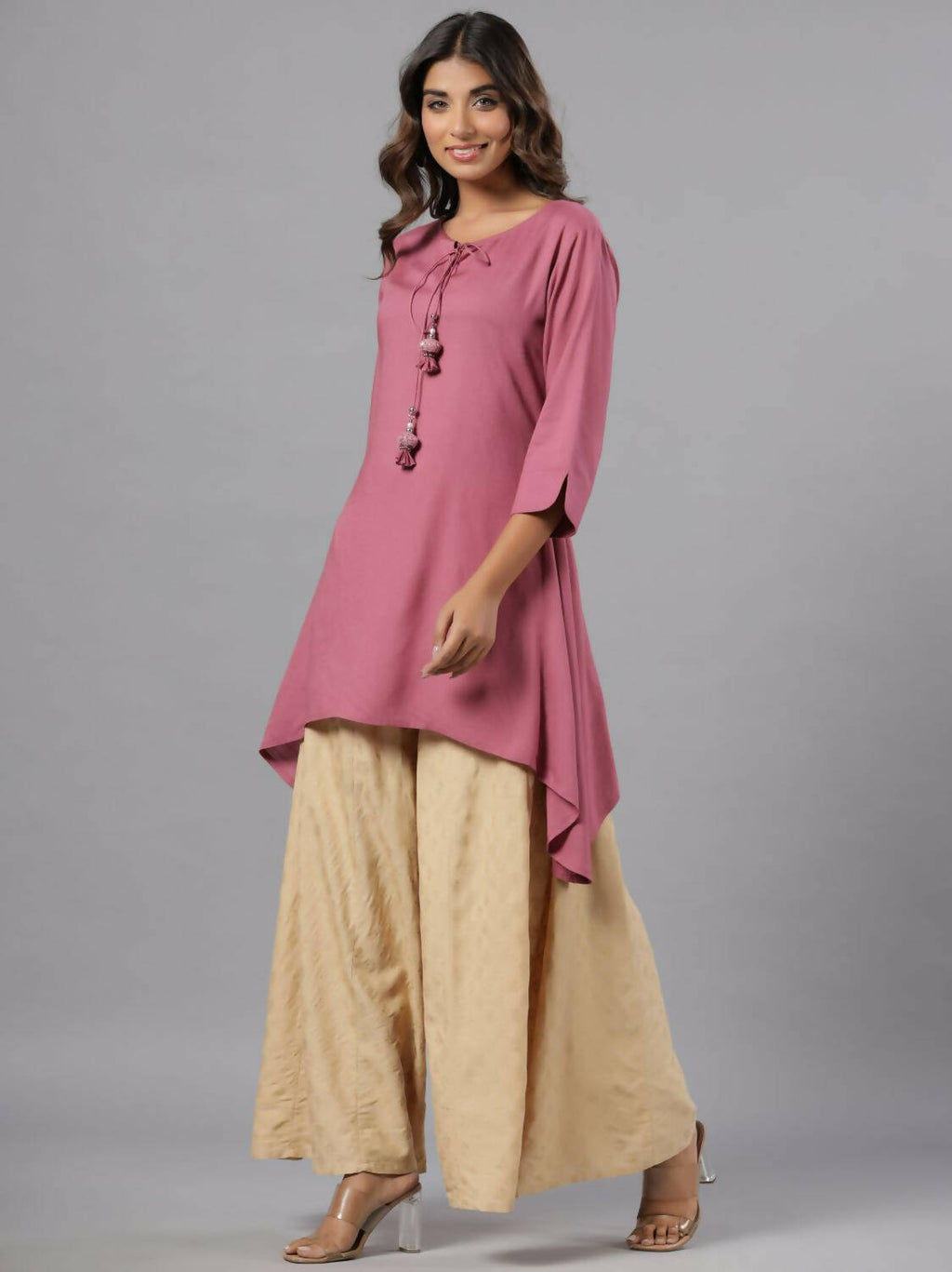 Juniper Women Mauve Rayon Solid Asymmetric Kurta
