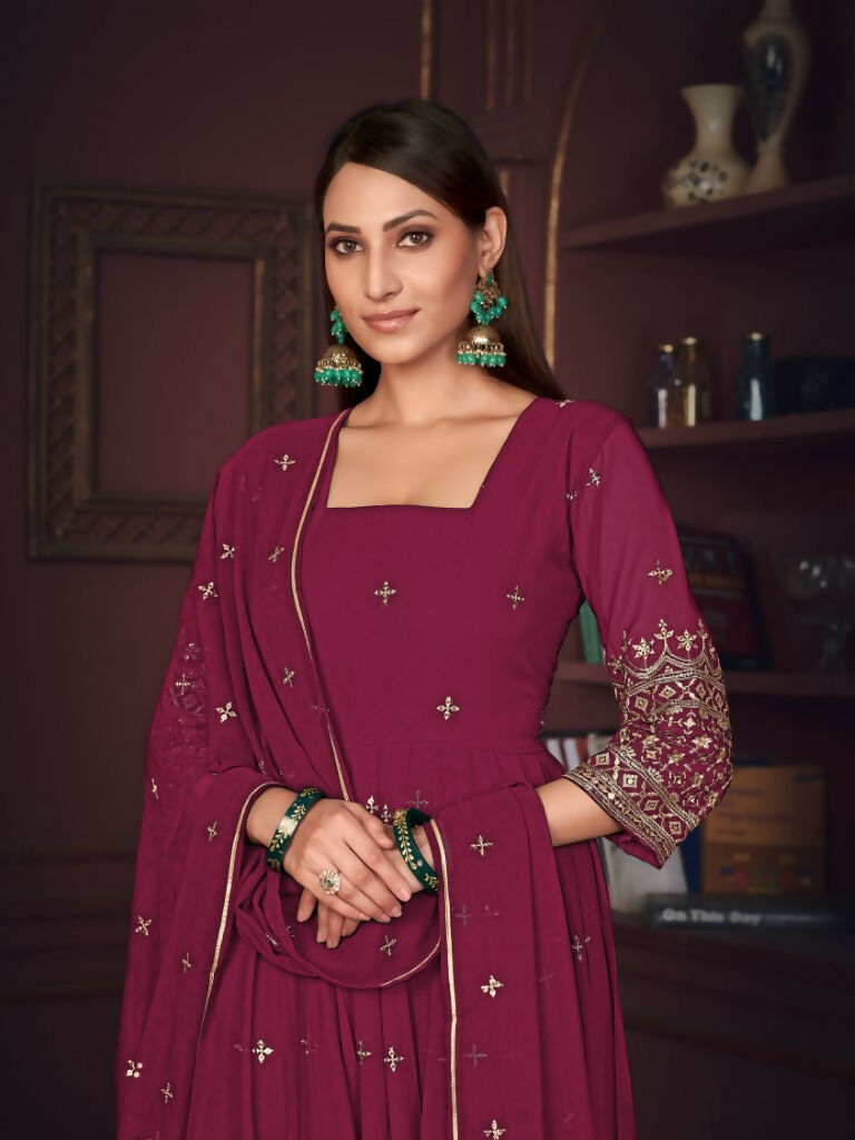Jyoti Fashion Women's Rani Pink Georgette Embroidered Anarkali Kurta Pant Set With Dupatta