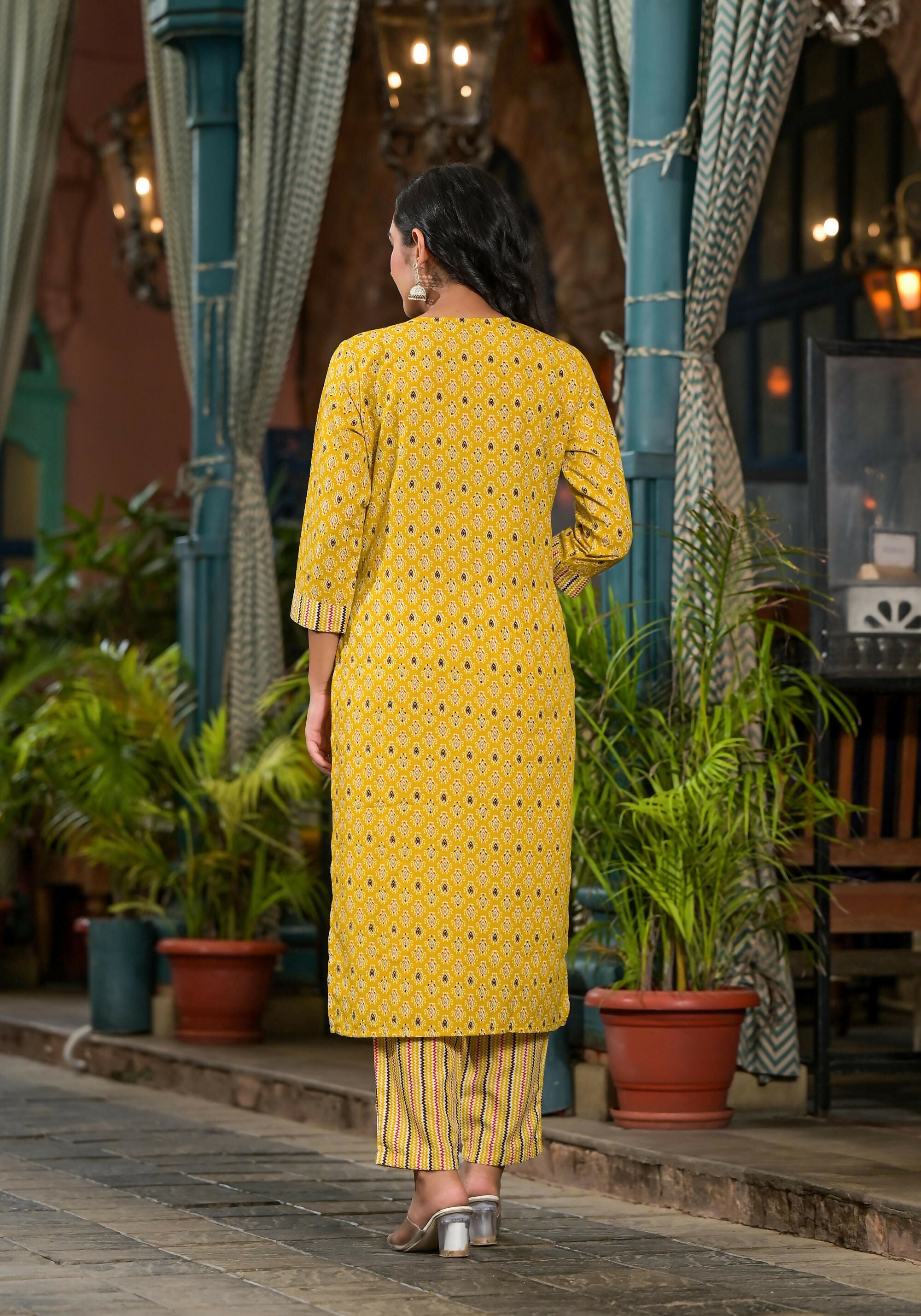 Juniper Women's Mustard Ethnic Motif Printed Cotton Kurta Pant And Dupatta Set With Mirror work & Sequins