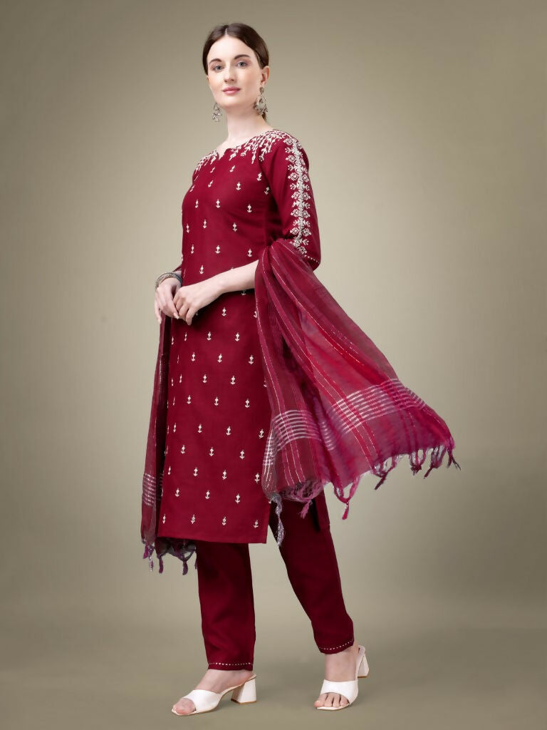 Jyoti Fashion Women's Maroon Cotton Blend Embroidery & Sequence work Kurta with Trouser & Dupatta
