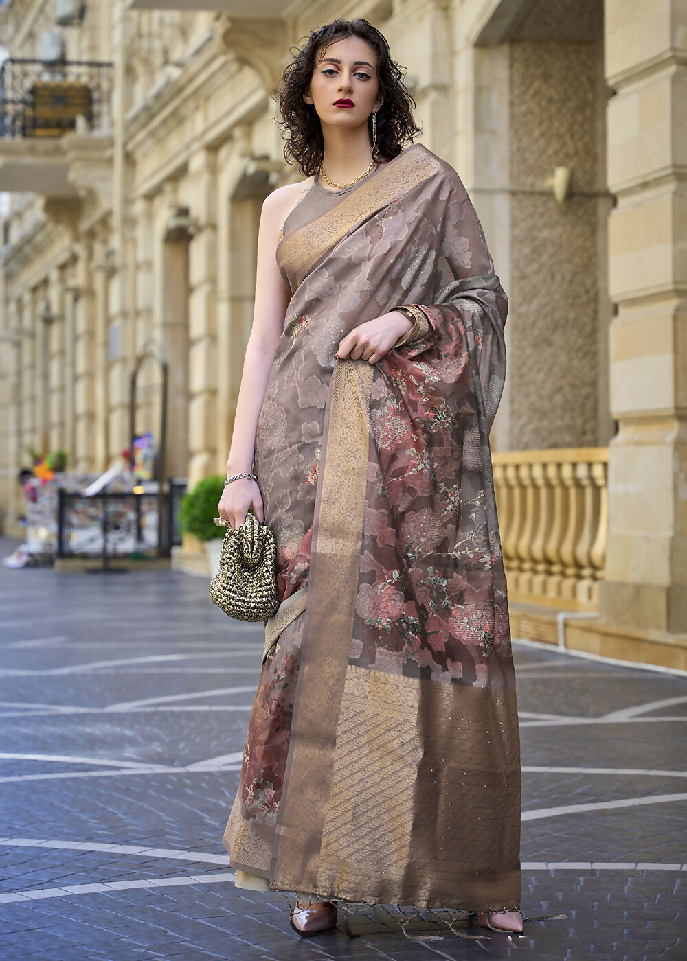 Lovely Brown & Grey Polly Brasso Designer Saree - Emponline