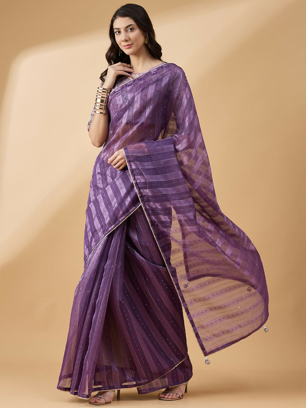 Purple Cotton Blend Sequence Work Saree with Stitched Blouse - Dharavi