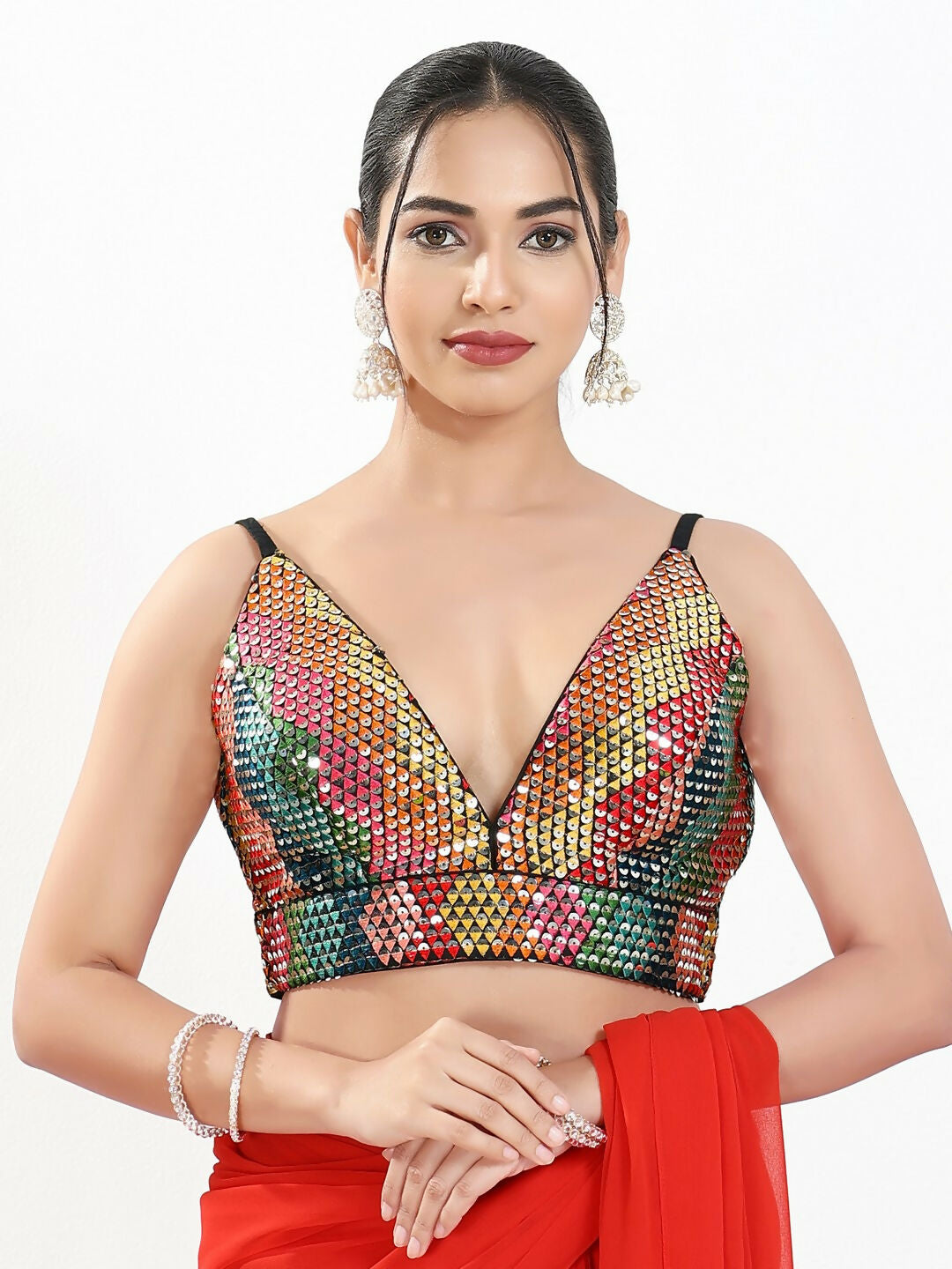 Joban Fashion Black Multi Sequin Padded Blouse With V Neck Sleeveless