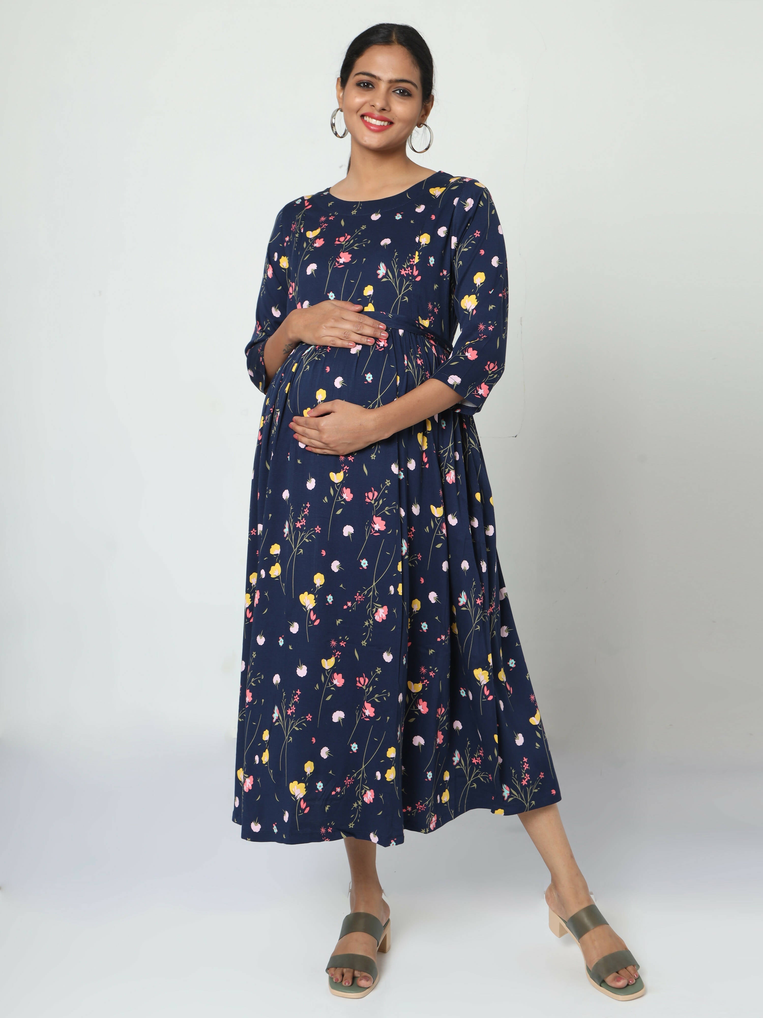 Manet Three Fourth Maternity Dress Floral Print With Concealed Zipper Nursing Access - Navy Blue