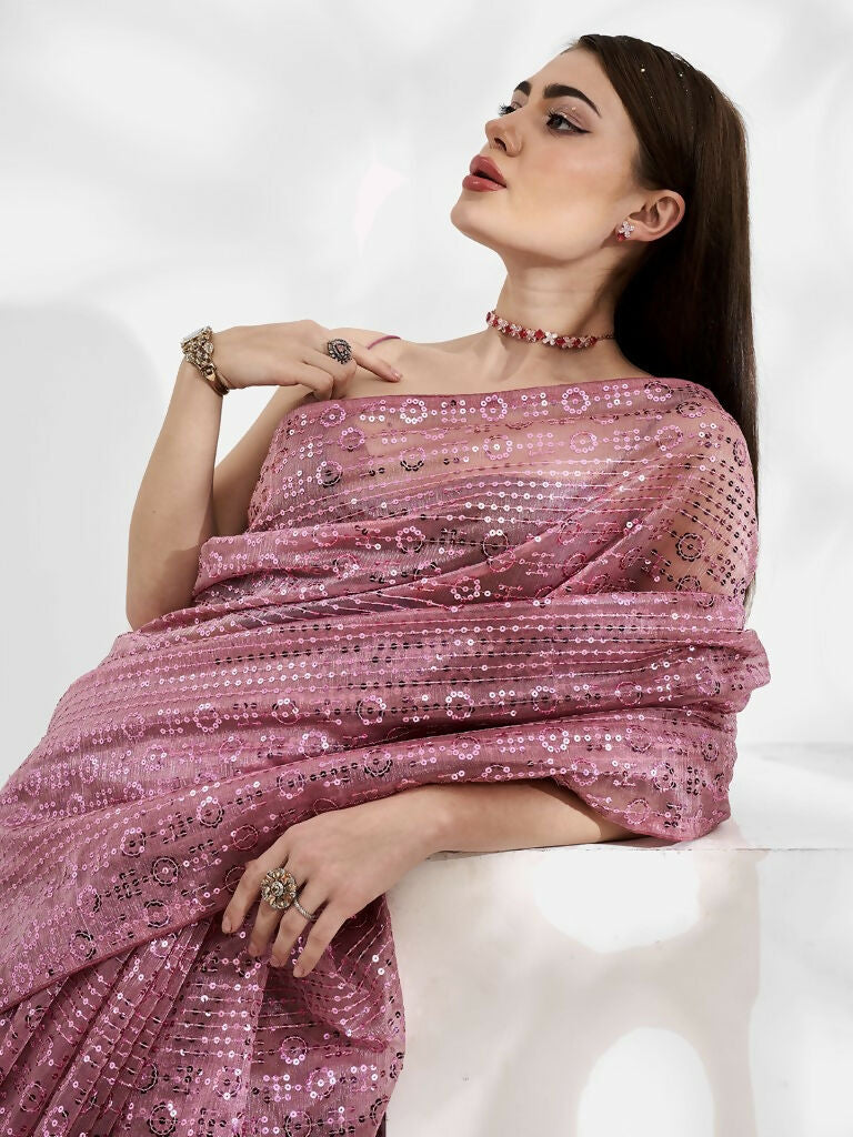 Pink Net Organza Sequance,Thread Embroidery Work Saree with Unstitched Blouse - Vandini