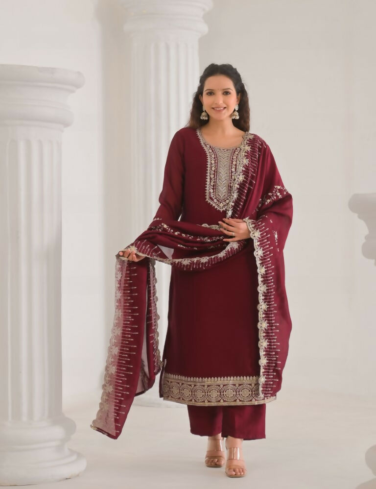 Ethnic Festive Wear Vichitra Silk Wine Stitched Suit With Dupatta - Tanisha