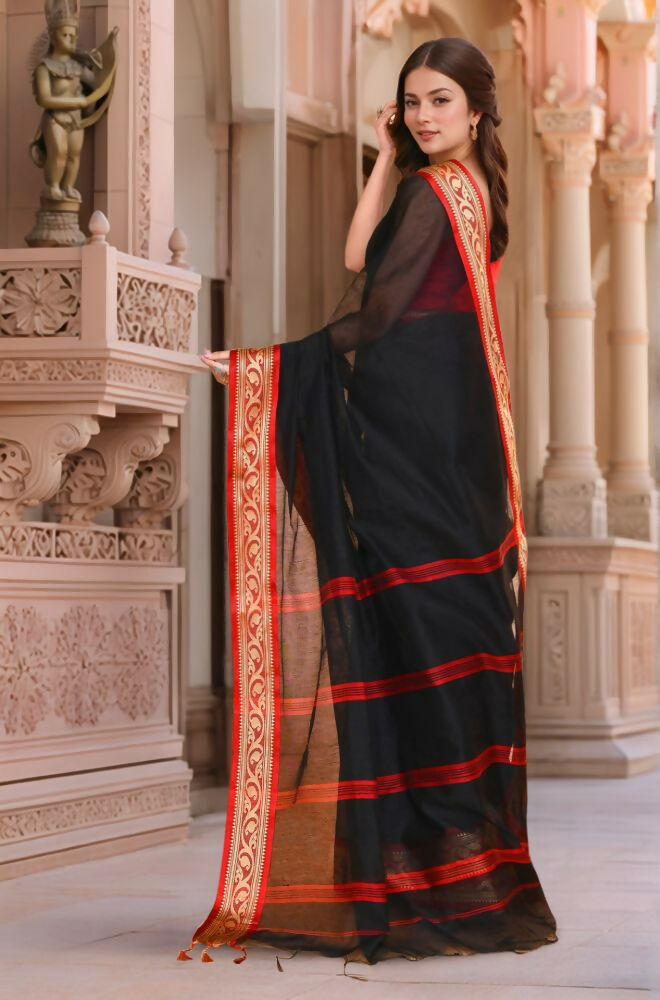 Joban Fashion Women Black Red Trendy Cotton Saree