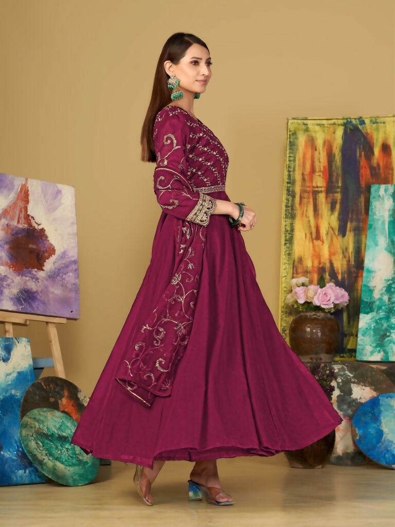 Jyoti Fashion Women's Rani Pink Georgette Embroidered Anarkali Kurta Pant Set With Dupatta