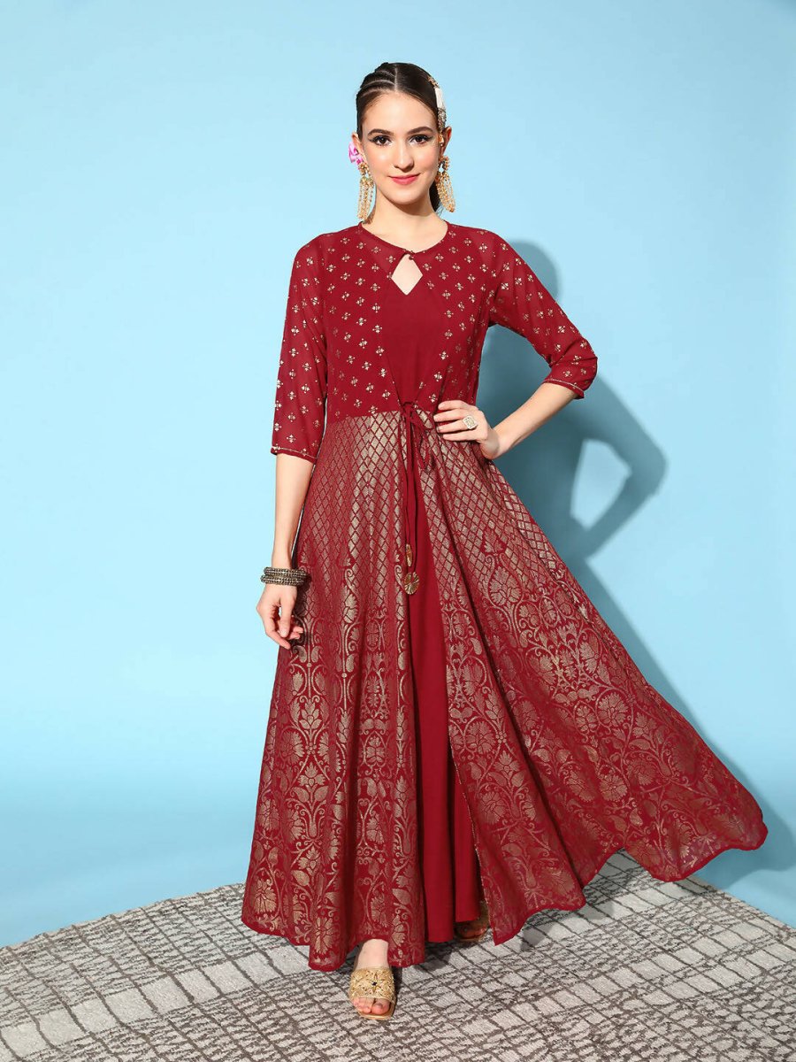 Ahalyaa Women Beautiful Maroon Crepe Brocade Ethnic Dress