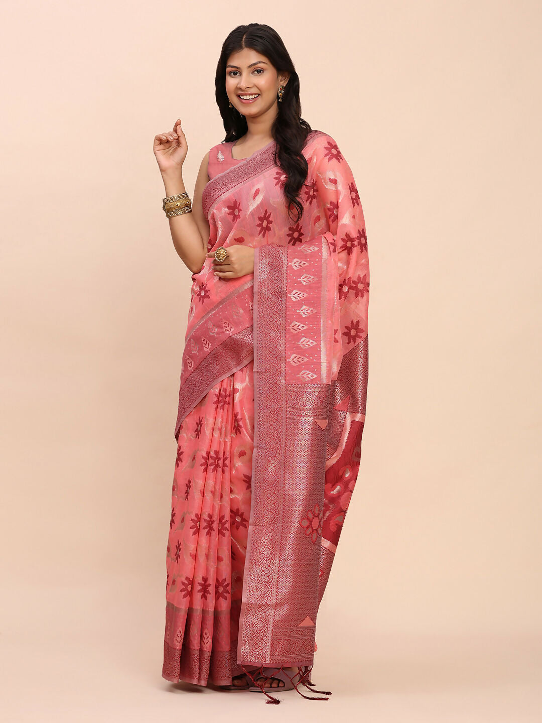 Shree Shyam Fashion Linen Cotton Peach Saree