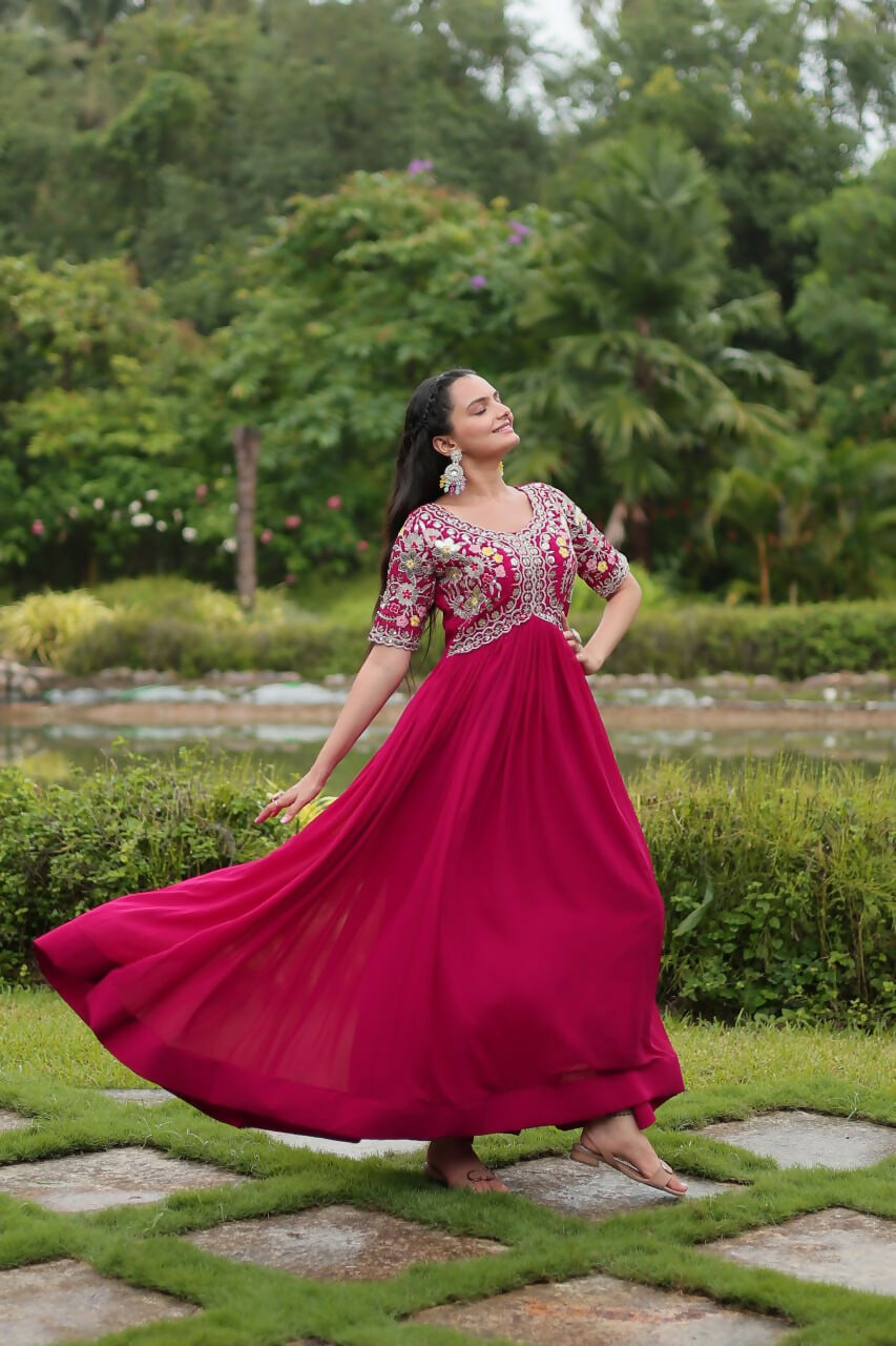 Vastranavya Faux Blooming with Embroidery Zari Sequins-work Gown - Pink