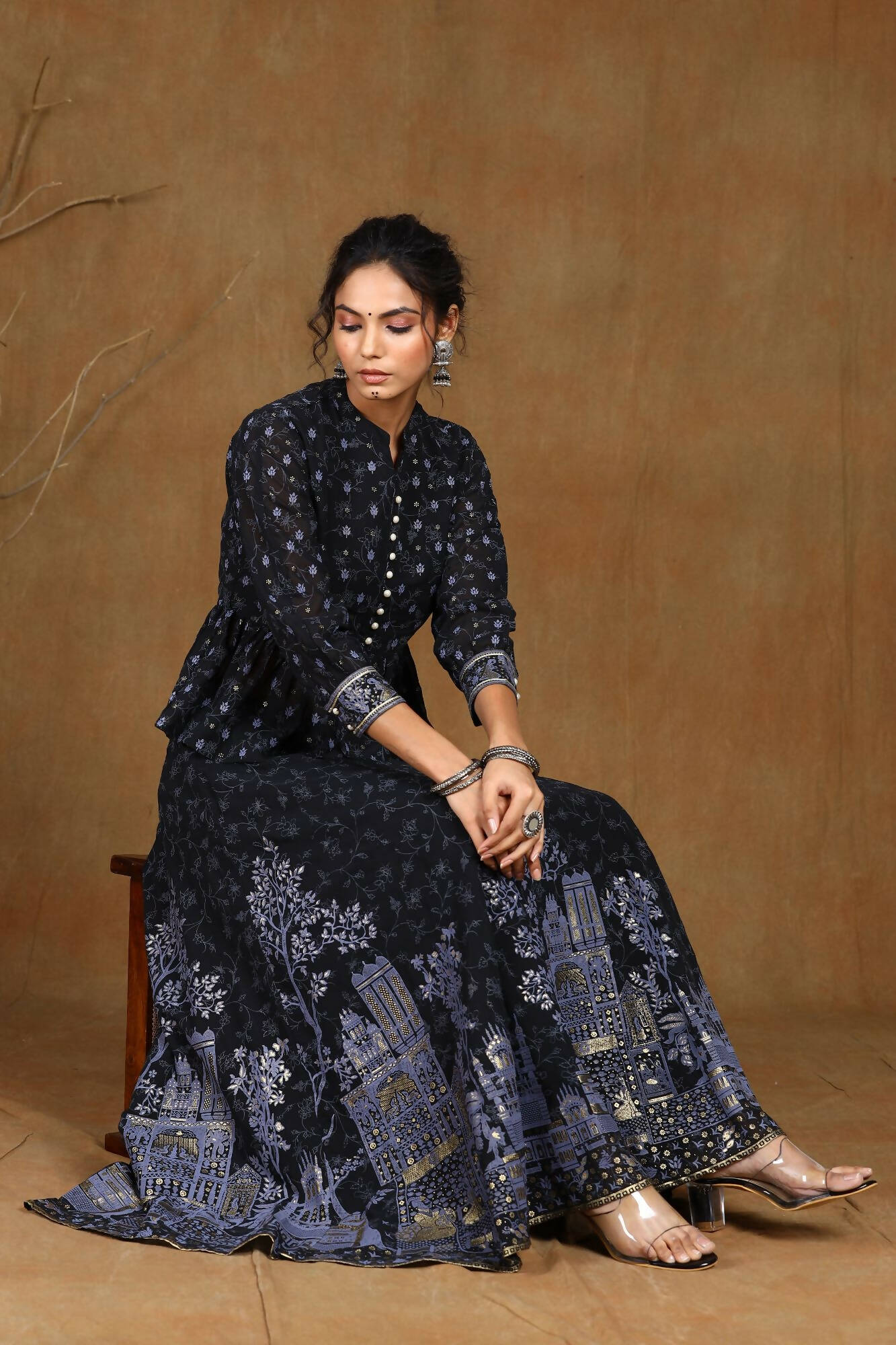 Juniper Women Black Georgette Printed Flared Lehenga Choli Sets