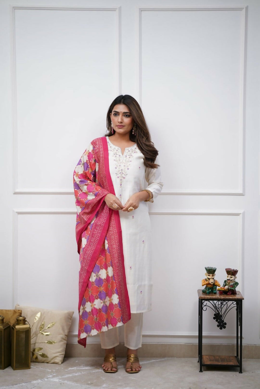 The52 Off White Beautiful Embroidered Viscose Chanderi Fabric Straight Kurta Pant with Dupatta Set