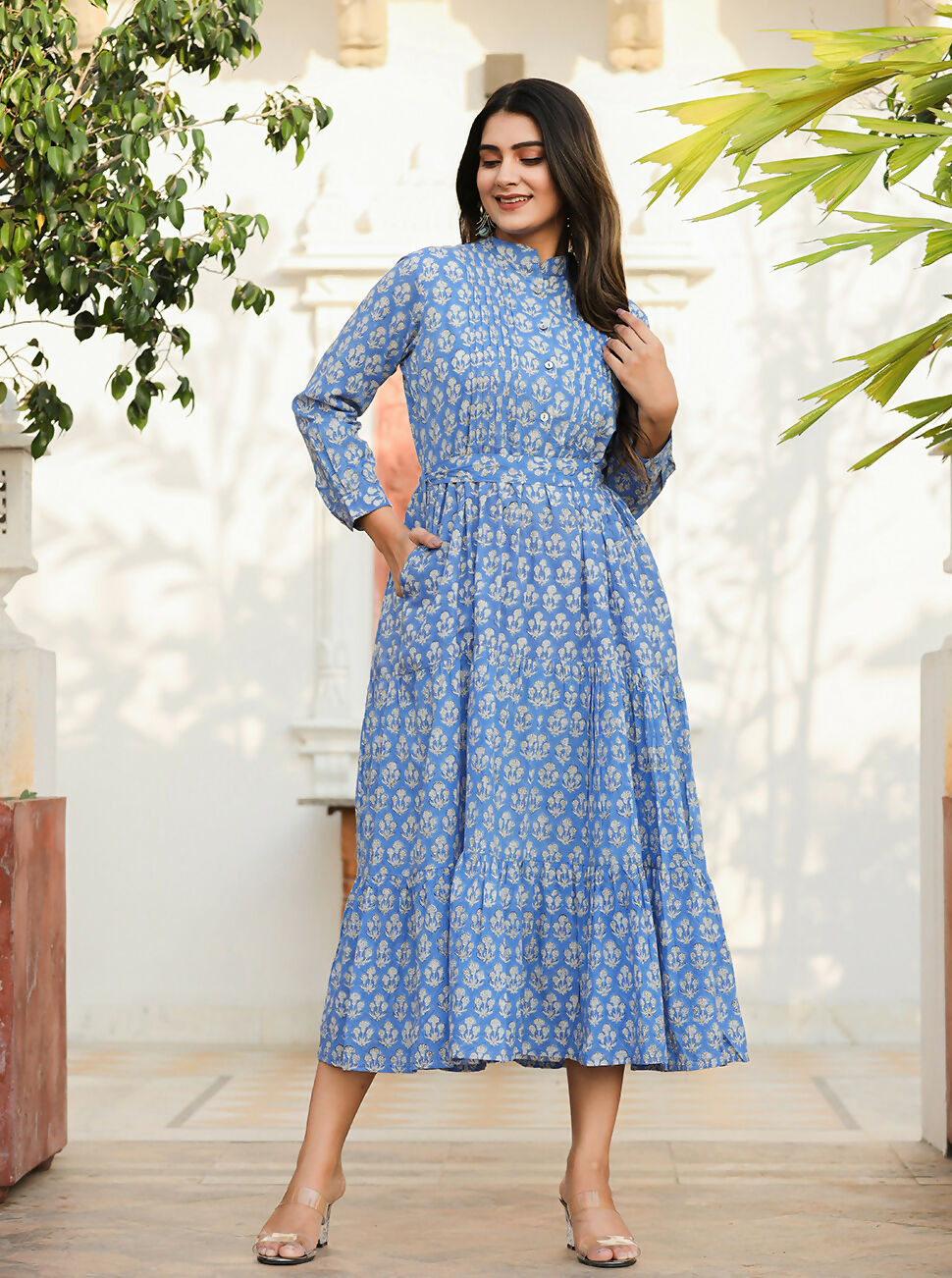 Kaajh Women's Blue Floral Handblock Print Cotton Dress
