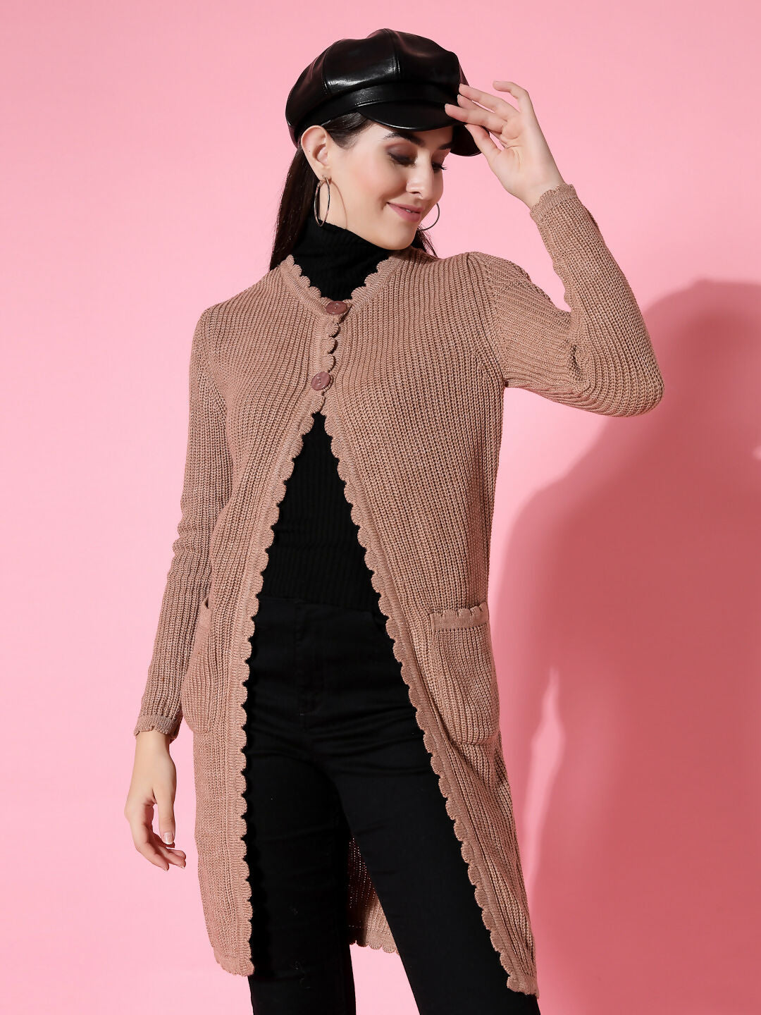 Women Self Design Long Brown Acrylic Winter Shrug - Wool Trees