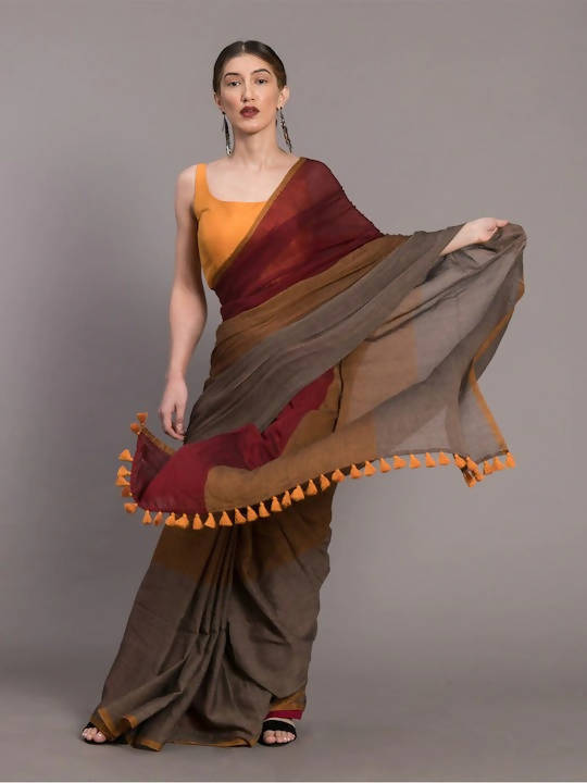 Suta Grey Maroon Colourblocked Pure Cotton Saree