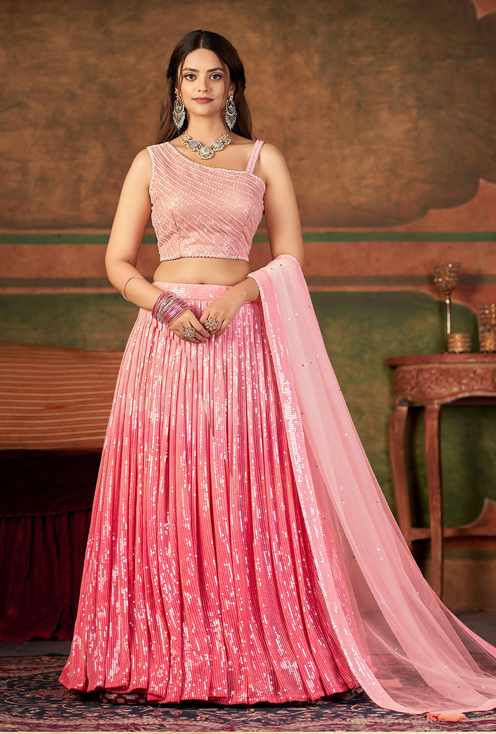 Wedding Designer Pink Nylon Georgette Readymade Lehenga Choli - Anbazaar